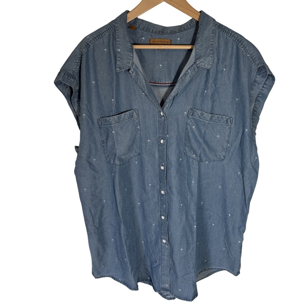 Jachs Girlfriend Tencel Chambray Blue Button Up Shirt Size XXL Palm Trees Casual
